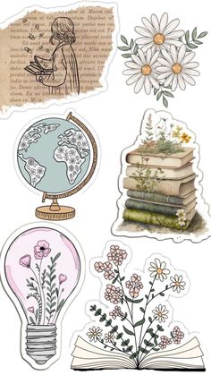 some stickers that have flowers and books on top of each other with words in them