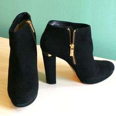 Worn A Few Times In Great Condition (No Tags Or Original Box, New Box Provided) Size: 8 Heel Height: 4.5" Color: "Midnight" Black Michael "Michael Kors" "Midnight" Black Suede Haven Bootie W/Goldtone Zipper And Goldtone Band On Back (Labeled "Michael Kors") Material: Upper: Leather / Outsole: Rubber Fall Evening Heels With Zipper Closure, Evening Ankle Boot Heels With Zipper Closure, Suede Heels With Zipper Closure, Ankle-high Evening Boots With Zipper Closure, Evening Ankle-high Boots With Zipper Closure, Chic Evening Ankle Boots With Zipper, Ankle Boot Heels With Zipper Closure For Night Out, Suede Heels With Zipper Closure And Round Toe, Modern Party Boots With Zipper Closure