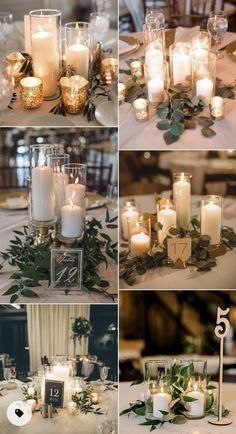 wedding tables with candles and greenery are shown in four different pictures, including the centerpieces