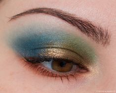 Blue Green And Gold Eye Makeup, Green Blue Gold Eyeshadow, Gold And Teal Makeup, Green Blue Makeup Looks, Blue Green Eyeshadow Looks, Ducktales Gladstone, Blue Green Makeup Look, Green Eyeshadow Blue Eyes, Blue Gold Eyeshadow