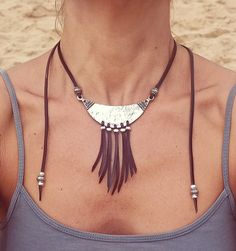 Leather Fringe Necklace for Women, leather Necklace, Statement Necklace, Statement Jewelry, Zamak Necklace belong to boho jewelry as well as bohemian jewelry, hippy jewelry carefully designed and crafted by EndiaSoul. Fashion silver bib necklace for women handmade of genuine cow leather and decorated with a silver bib, feathers and beads, all of them in silver plating of 8 microns of sterling silver. This boho necklace has adjustable fastener; a metal bead which you can move through the leather Festival Choker Necklaces With Adjustable Cord, Festival Choker Necklace With Adjustable Cord, Lariat Necklaces With Adjustable Length For Festivals, Adjustable Lariat Necklaces For Festivals, Adjustable Length Lariat Necklaces For Festivals, Long Adjustable Necklace For Festival, Festival Handmade Lariat Choker, Bohemian Choker With Sliding Knot As Gift, Handmade Lariat Choker For Festival