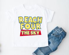 Reach for the sky shirt, unique cute shirt to remember your little one's 4th Birthday!! Please read all the info before placing your order. The price you see is per shirt, please read the size chart in the last pictures of listings before placing your order. How to order a shirt: *Select the STYLE *Select the SIZE *Select the Quantity *Add Personalization *Add to cart *Go back and Repeat for each size (if you need more than one shirt) SHIRTS INFO: *Color: White, 100% Cotton *Shirts are loose fit Toy Story 4th Birthday, Toy Story Theme Birthday, Halloween Theme Birthday, Halloween 1st Birthdays, Toy Story Theme, Toy Story Shirt, 1st Birthday Shirts, Birthday Toys, Matching Halloween