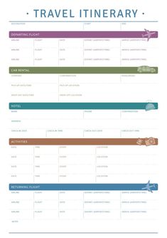 the travel itinerary form is shown in blue, green and purple colors with an airplane