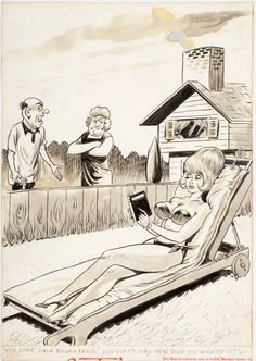 a drawing of a woman lounging on a lawn chair in front of a house