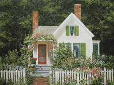 a painting of a white house with green shutters and flowers around the front door