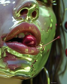 a close up of a metal sculpture with liquid coming out of it's mouth