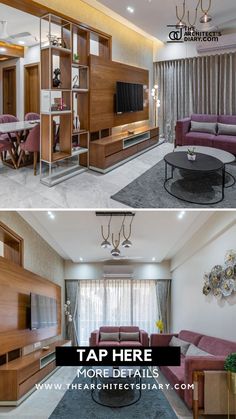 two pictures show the same living room and dining area