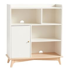 a white bookcase with two shelves and one door on the bottom shelf is shown