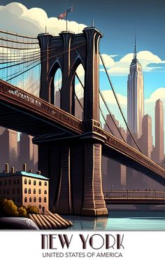 the new york city skyline is depicted in this poster