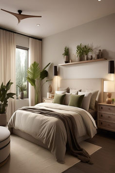 A serene contemporary bedroom with soft neutral tones and lush plants, designed to create a calming atmosphere for couples. Apartment Bedroom Ideas For Couples, Small Bedroom Ideas For Couples, Bedrooms For Couples, Small Apartment Bedrooms, Apartment Vibes, Calming Bedroom, Bedroom Decor For Couples, Apartment Bedroom, Relaxing Bedroom