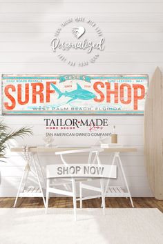 Surf Decor for boy bedroom Surf Shop Sign with [name] and the words Surf Shop, with a shark and city and state. Teen Boy Bedroom Artwork Wake Surf, Shark Bedroom Ideas For Kids, Shark Bedroom Ideas, Beachy Teen Bedroom, Vintage Surf Decor, Surf Shack Decor, Surfer Bedroom, Shark Bedroom, Shark Room