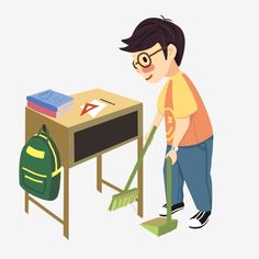 a boy is cleaning the desk with a broom