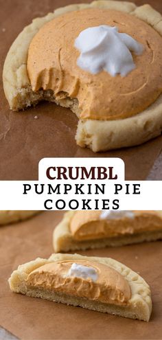 there is a cookie with cream on it and the words crumbl pumpkin pie cookies