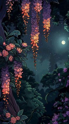 the night sky is full of stars and flowers, as if they were hanging from trees