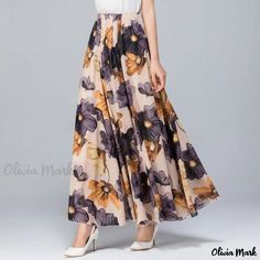 Olivia Mark - Chiffon Floral A-Line Midi Skirt with Elastic Waist and Ruffle Hem Chiffon Floral, Floral Chiffon, Types Of Skirts, Olivia Mark, Ruffle Hem, Midi Skirt, Elastic Waist, A Line, Chiffon