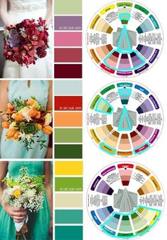 the color wheel is showing different shades of red, yellow and green with flowers in each section