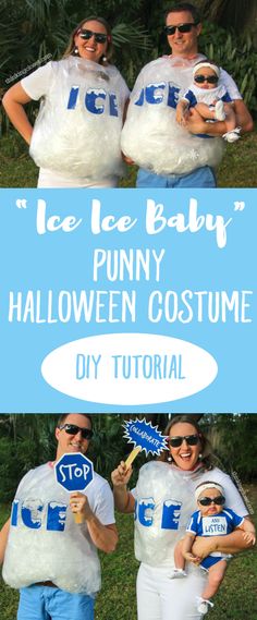 two people dressed up as ice baby and bunny costumes for halloween with text overlay that reads, ice baby, punny halloween costume diy