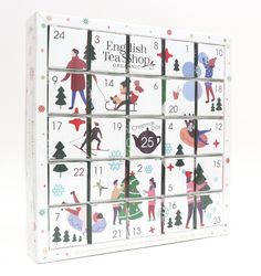 the english tea shop christmas calendar is displayed on a white background with snowflakes and trees