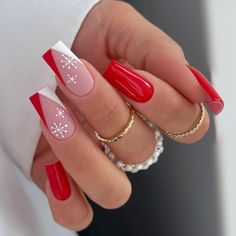 24Pcs/Set Women Girls Long Square Red French Geometric Snowflake Printing Full Coverage Wearable Nails December, Art Thanksgiving, Red Christmas Nails, Cute Christmas Nails, Nails Winter, Nails Christmas