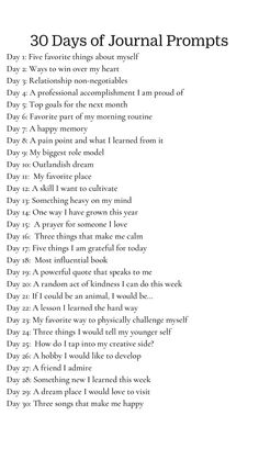 the 30 days of journal prompts are shown in black and white, with text