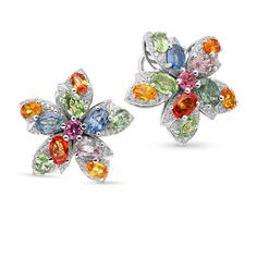 18K White Gold Multi Colored Sapphire Mix & Diamond Flower Shaped Studs
This colorful sapphire and diamond flower shaped stud dazzles with her vibrant charm. Crafted in 18K white gold, each eye catching earring features a flower shaped by multi colored oval cut sapphires. This one and only piece will have your friends and family heads turning at every occasion. An amazing and thoughtful anniversary gift for your loved one.
8.84 carat sapphire mix 
1.00 cara