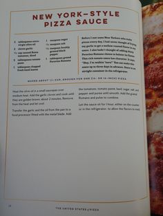 the new york style pizza sauce recipe book is open to show information about its ingredients