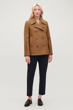 Cos short wool pea coat in orange Short Wool Coat Women, Camel Coat Outfit Classy, Short Peacoat, Camel Coat Outfit Casual, Cos Shorts, Camel Coat Outfit, Camel Wool Coat, Wool Pea Coat, Cool Coats