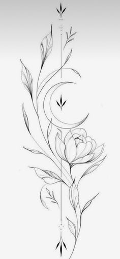 a drawing of a flower with leaves on the side and an arrow in the middle