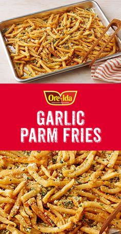 garlic parmesan fries in a pan with the title overlay