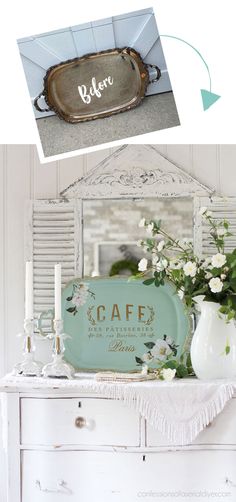 an old dresser has been transformed into a decorative piece with the word cafe painted on it