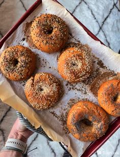 six bagels with sprinkles are on a paper towel in front of a person's hand