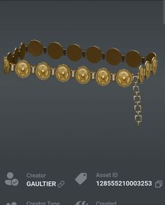 an image of a gold bracelet with circles and links on the front, in 3d