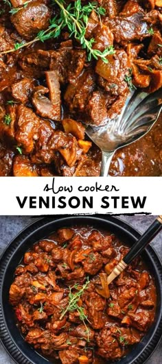 slow cooker venison stew in a black bowl with spoons on the side