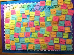 a bulletin board with post it notes attached to it and words written on the back