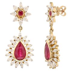 Diamond Ruby Wedding Dangle Earrings in 18K Gold with Diamonds to make a statement with your look. These earrings create a sparkling, luxurious look featuring oval cut gemstone. If you love to gravitate towards unique styles, this piece of jewelry is perfect for you. This is a perfect Ruby Earrings. It can be a Unique Gift, july birthstone studs, Bridal Shower Gift, Valentine Gift, Gift For Mom, Mother Daughter Gift, Bride To Be Gift, Bridesmaid Gift, Girlfriend Gift, Anniversary Present, Engage