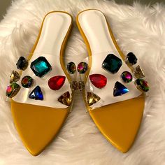 Clear Rhinestone Colored Sandals. Size 9. New With No Tags. Never Worn. Multicolor Rhinestone Sandals For Summer, Summer Multicolor Sandals With Rhinestones, Multicolor Rhinestone Beach Sandals, Summer Jeweled Open Toe Sandals, Red Rhinestone Sandals For Spring, Yellow Open Toe Sandals With Rhinestones, Chunky Leather Sandals, Red Leather Sandals, Supportive Sandals