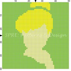 a cross stitch pattern with the shape of a woman's head in yellow and green