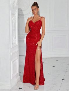 Women Sequin Spaghetti Strap Ruched Waist High Split Party Dress, Formal Evening Prom Gown, For Wedding Guest, Graduation, Dinner New Year Eve Red Party  Sleeveless Woven Fabric Plain,All Over Print Cami Slight Stretch  Weddings & Events, size features are:Bust: ,Length: ,Sleeve Length: Red Lace Bridesmaid Dresses, Party Dress Red, 파티 드레스, Red Party, Women Formals, Elegant Dresses Long, Cocktail Party Dress, Evening Gowns Formal, Formal Evening Dresses