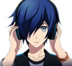 an anime character with blue hair and headphones