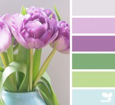 purple tulips are in a blue vase with green leaves and the color scheme is pantone