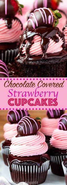 chocolate covered strawberry cupcakes with pink frosting and chocolate dipped strawberries on top