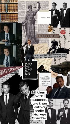 a collage of men in suits and ties with words written on the side of them