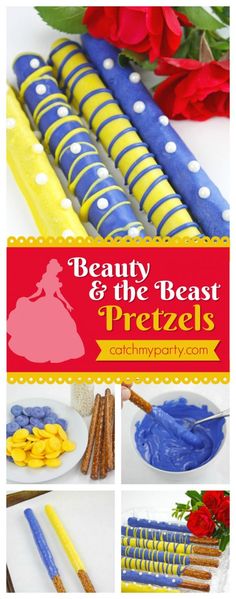 beauty and the beast pretzels are made with royal blue frosting, yellow icing, and red roses