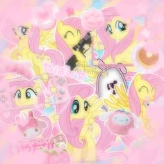 a bunch of little pony stickers sitting on top of a pink background with clouds