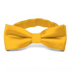 A charming boys' golden yellow bow tie sized just right for your little guy. The material is a heavyweight woven material with slight ribbing. The bow tie is pre-tied and features a safe and easy-to-use hook-and-eye closure. Measuring 4-inches across and 1.5-inches tall, this boys' bow tie is sized for boys from baby to 10-years old. Sizing This bow tie features an adjustable band that expands to fit most babies, toddlers and children up to 10-years old. For older children, pre-teens and teens, Yellow Bow Tie, Guy Fits, Yellow Bow, Bow Tie Collar, Dark Yellow, Wedding Fashion, Color Swatch, Band Collar, Polyester Satin