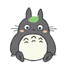 a drawing of a totoro with a green leaf on its head