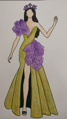 a drawing of a woman in a dress with purple flowers on her head and arms