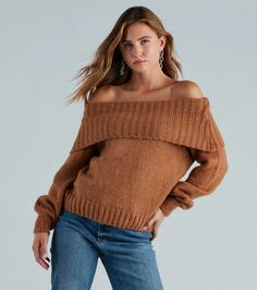 Embrace the cool weather looking flirty in this sweater top! Perfect for everyday styling, this top features slouchy long sleeves, a foldover neckline, and a slim fit silhouette on ultra-fuzzy and soft knit fabric. Complete the look with denim jeans. Neckline Slimmer, Cool Weather, Softest Sweater, A Color, Salted Caramel