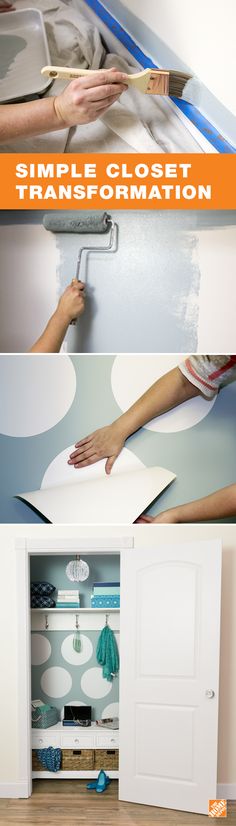 there are two pictures that show how to paint the wall with different colors and shapes