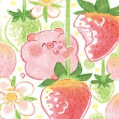 a drawing of strawberries and flowers on a white background with pinkish green leaves